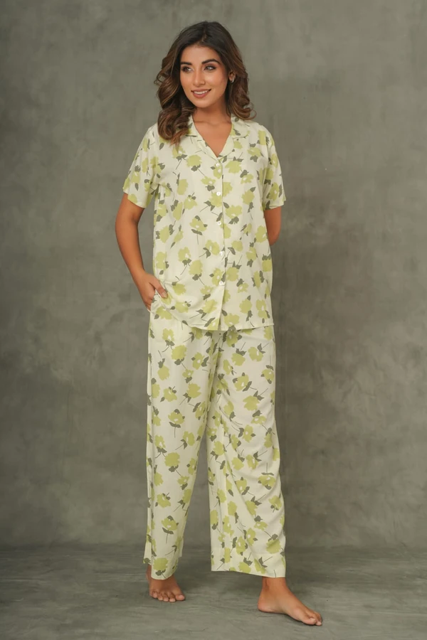 Pista Green Lime Floral Print Pajama Night Set - M