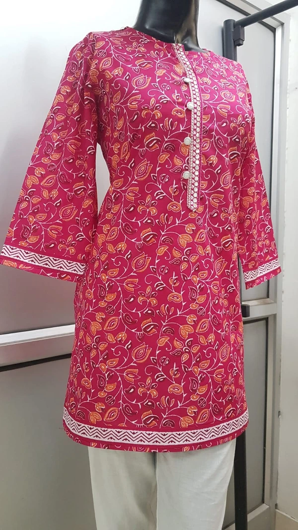 Rani Pink Orange Print Regular Kurti - 3XL