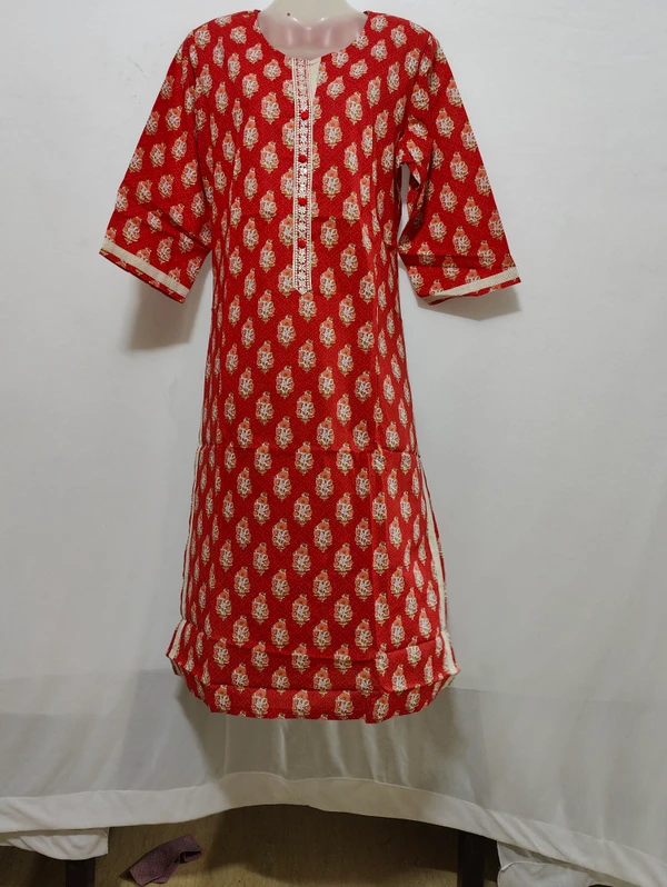 Red White Print Kurta - XL