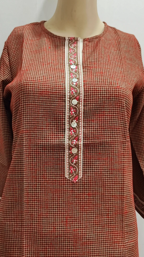 Rust Brown Check Button Patti Print Regular Kurti - XL