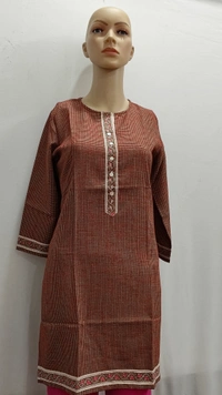 Rust Brown Check Button Patti Print Regular Kurti - XL
