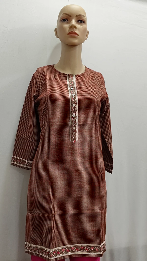 Rust Brown Check Button Patti Print Regular Kurti - XL