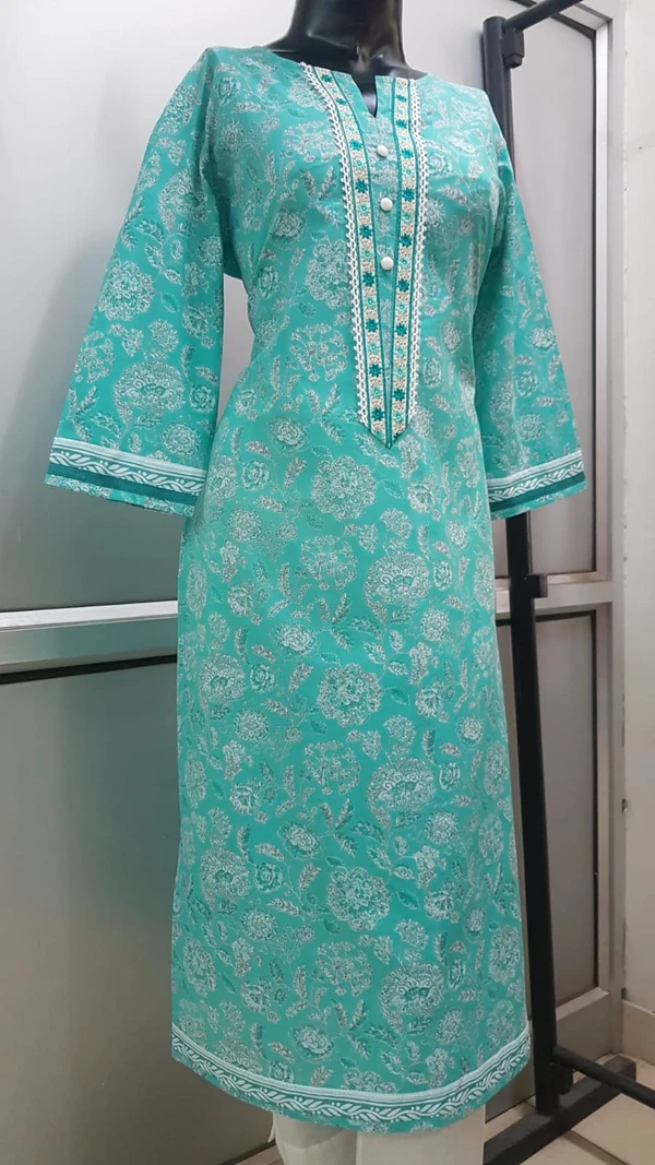 Sea Green White Flower Print Kurta - 2XL