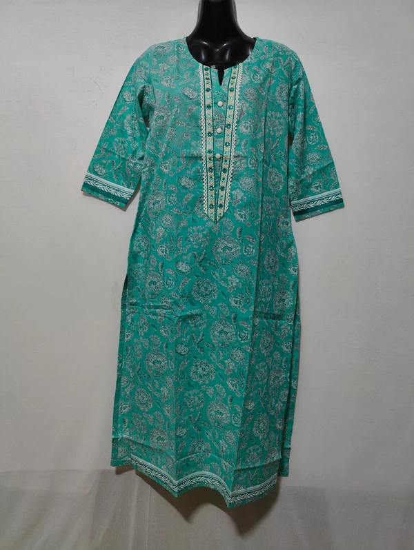 Sea Green White Flower Print Kurta - S