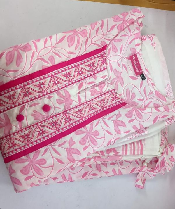 White Baby Pink Floral Print Suit Set Mulmul Dupatta - 3XL