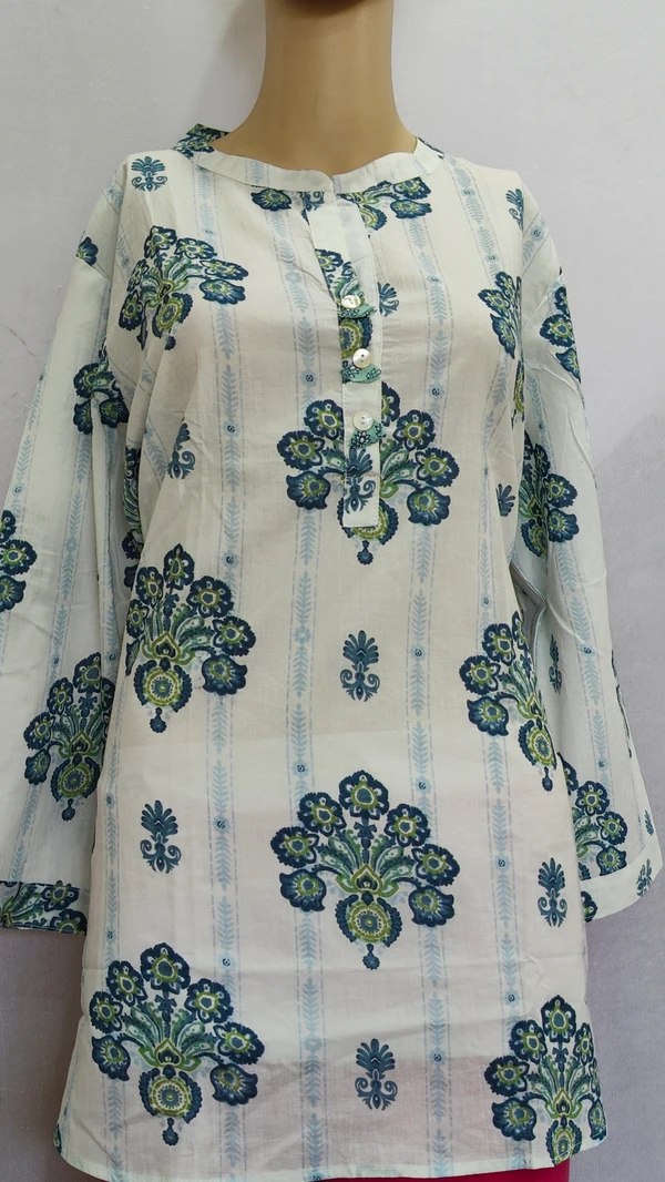 White Blue Green Large Floral Prints Chinese Collar Regular Kurti - 2XL