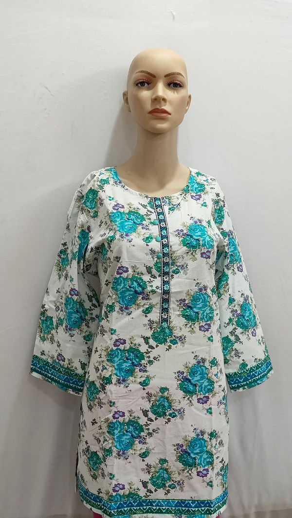 White Dark Aqua & Embroidery Around Button Patti Regular Kurti - XL