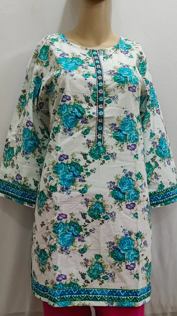 White Dark Aqua & Embroidery Around Button Patti Regular Kurti - XL