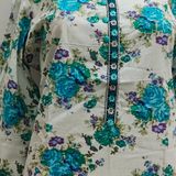 White Dark Aqua & Embroidery Around Button Patti Regular Kurti - XL