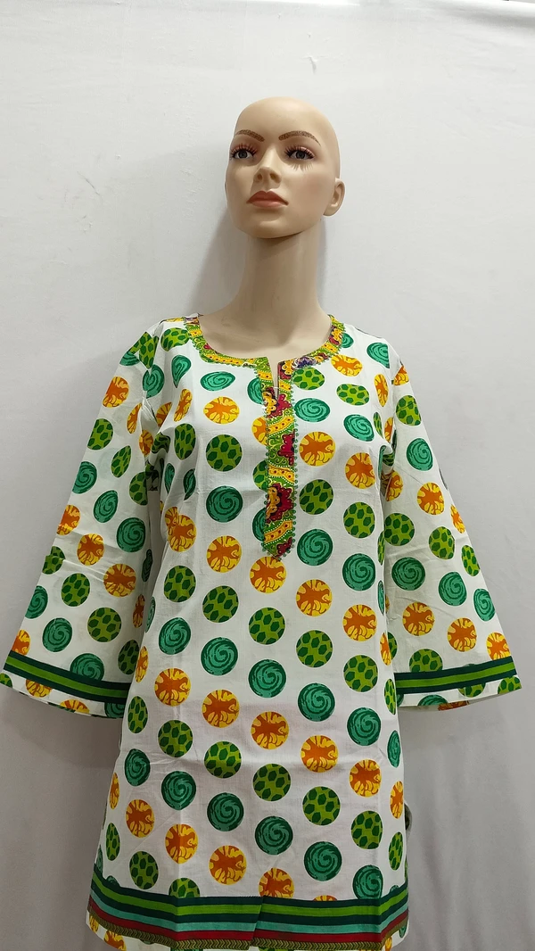 White Green Orange Circles Print Kurti - XL