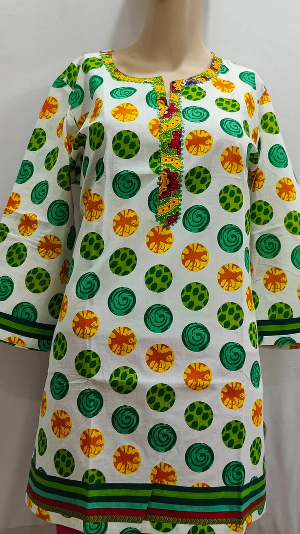 White Green Orange Circles Print Kurti - XL