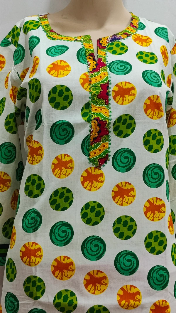 White Green Orange Circles Print Kurti - XL