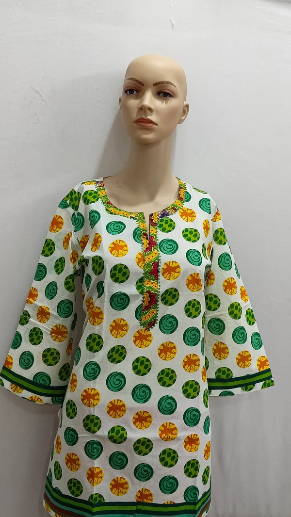 White Green Orange Circles Print Kurti - XL