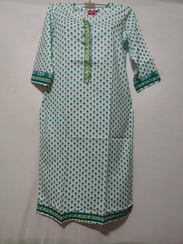 White Green Print Kurta - L