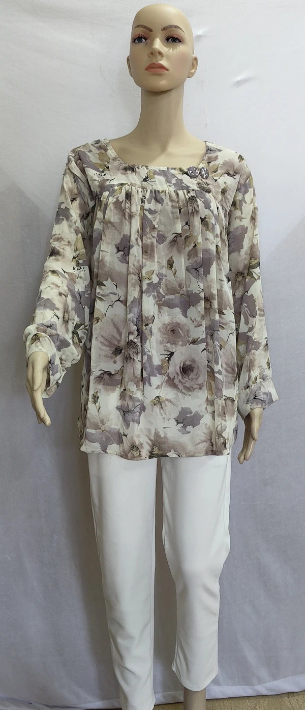 White Grey Print Indo Western Top Synthetic - 3XL