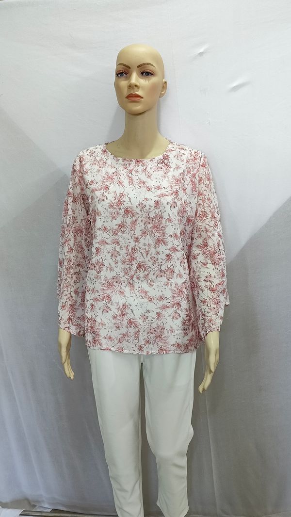 White Pink Floral Bell Sleeves Indo Western Top Synthetic - 3XL