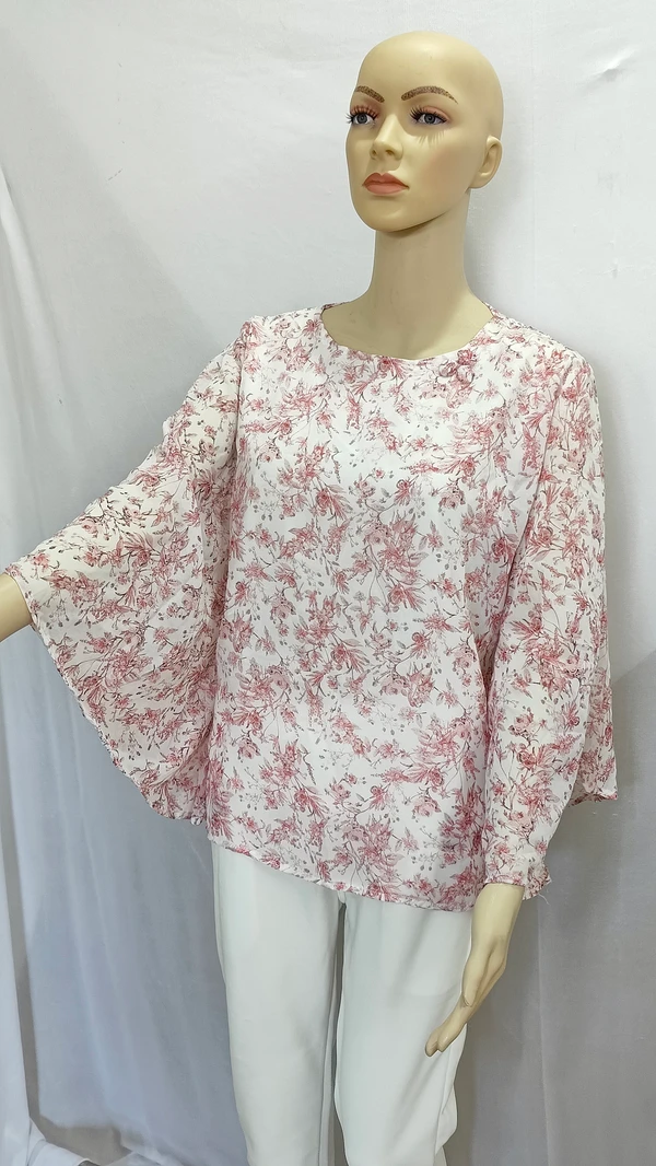 White Pink Floral Bell Sleeves Indo Western Top Synthetic - 3XL