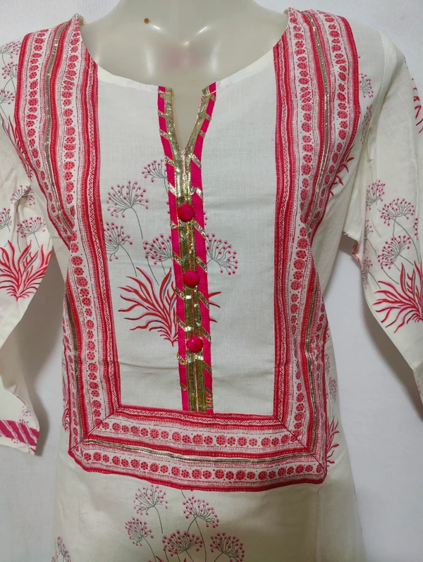 White Pink Print Kurta - 3XL