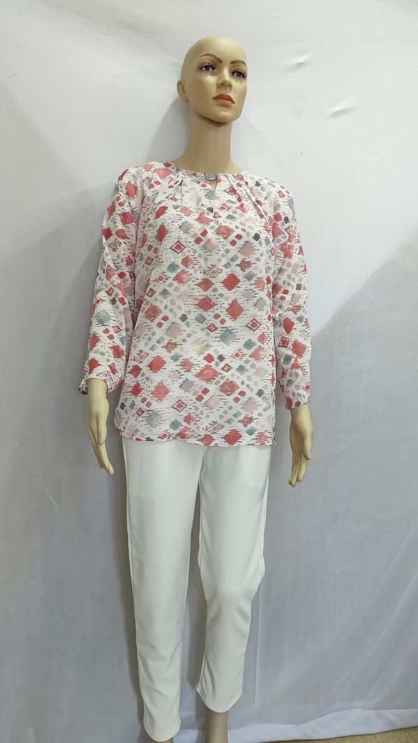 White Pink Red Shapes Indo Western Top Synthetic - 3XL