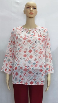 White Pink Red Shapes Indo Western Top Synthetic - 2XL