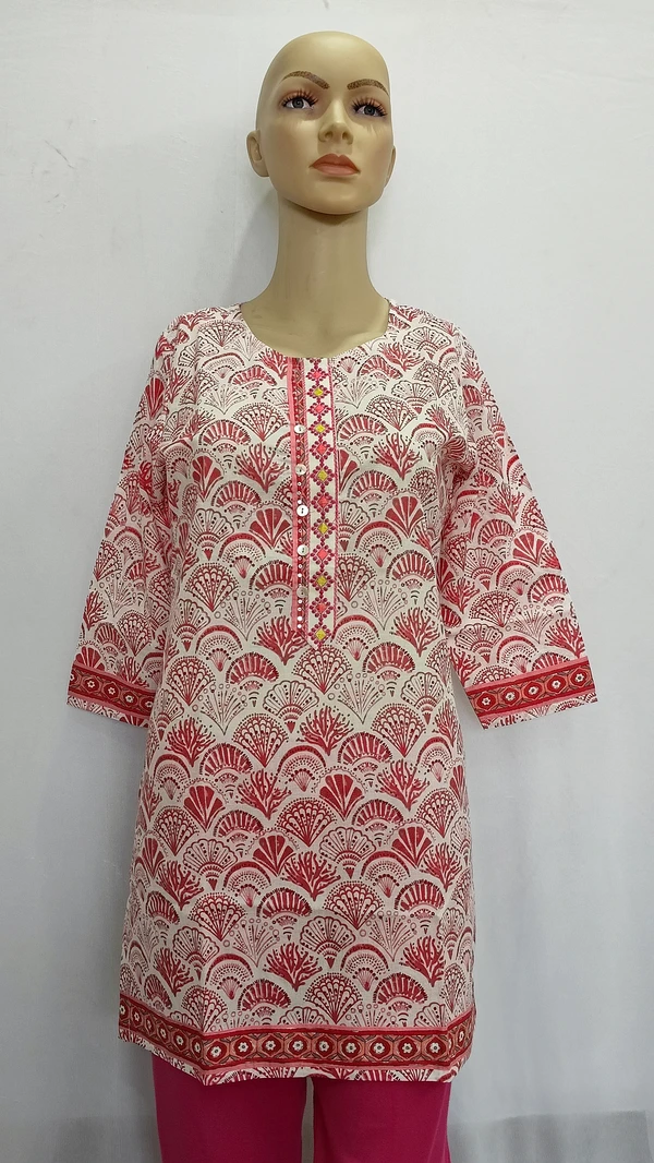 White Rani Print Regular Kurti - XL