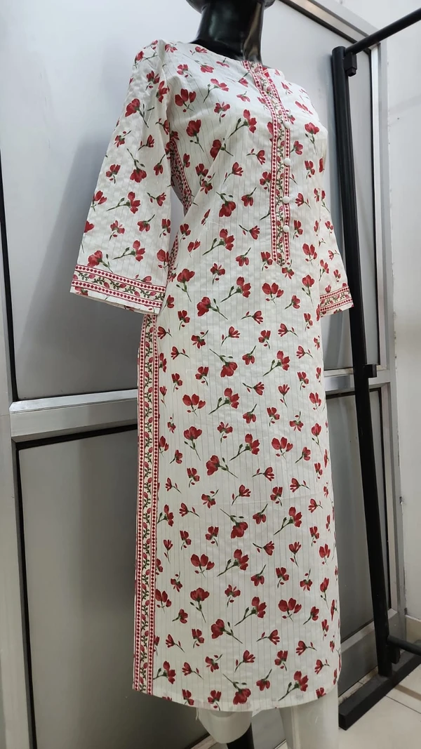 White Red Rose Buds Print Kurta - XL