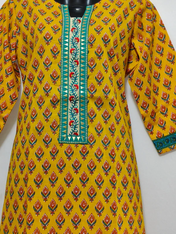 Yellow Orange Green Print Kurta - XL