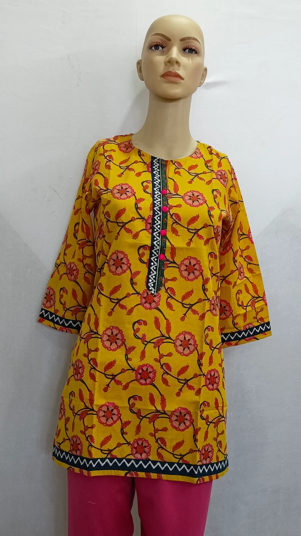 Yellow Pink Floral Print Regular Kurti - S