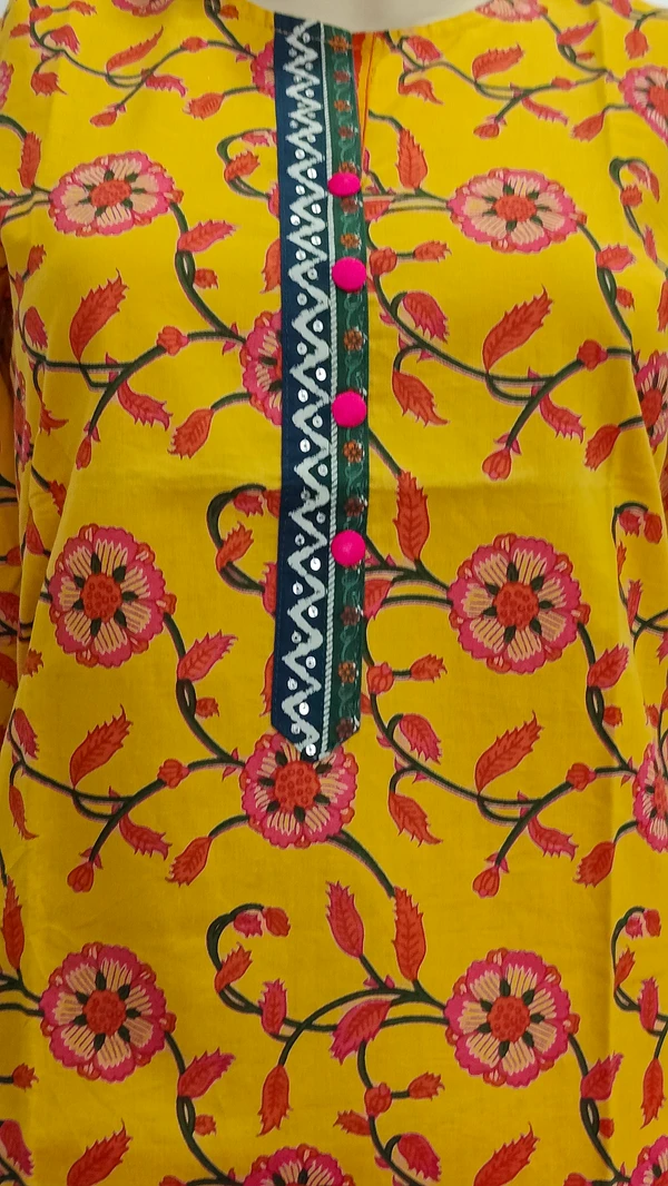 Yellow Pink Floral Print Regular Kurti - S