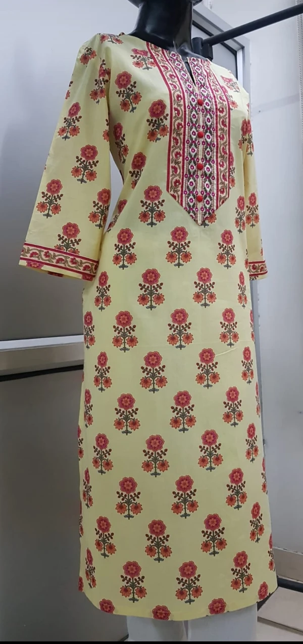 Yellow Pink Flower Kurta - L