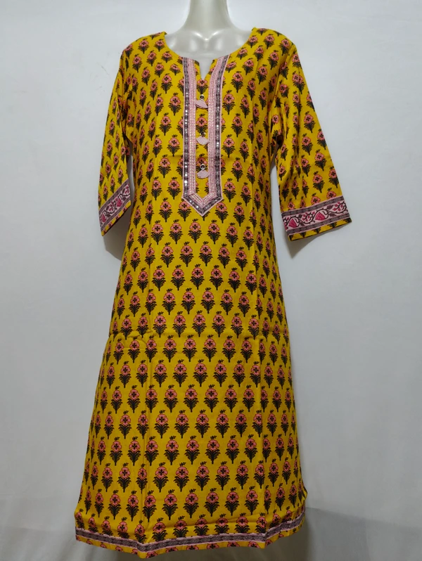 Yellow Pink Flowers Print Kurta - XL