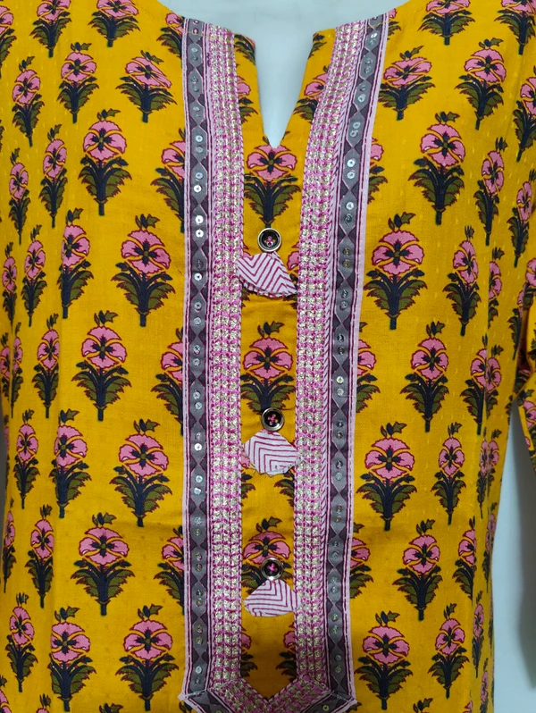 Yellow Pink Flowers Print Kurta - XL