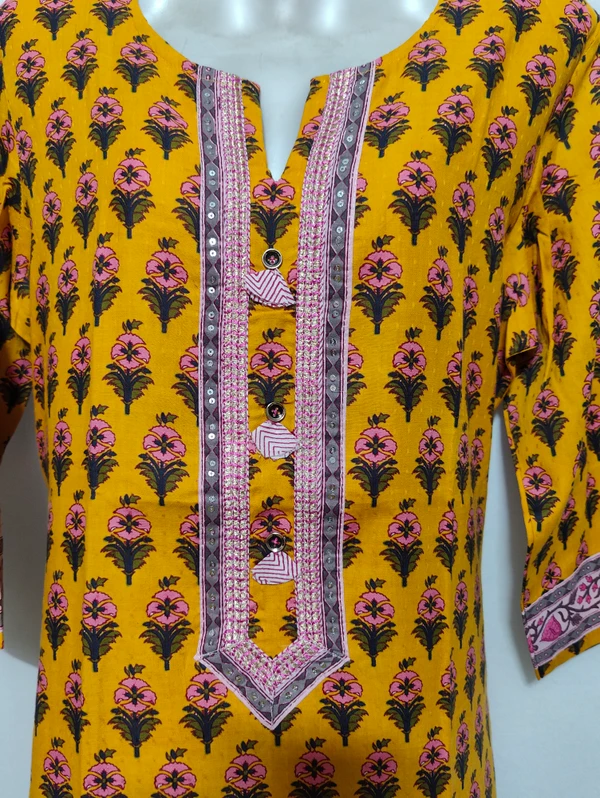 Yellow Pink Flowers Print Kurta - XL