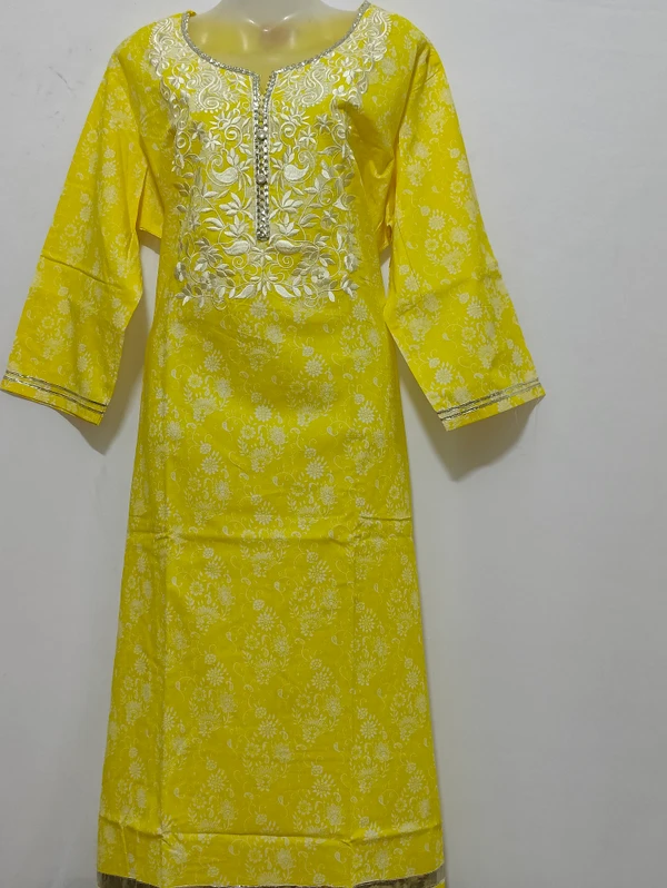 Yellow White Embroidery Around Yoke Kurta - 3XL