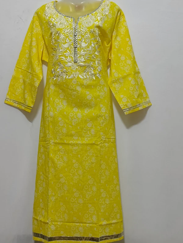 Yellow White Embroidery Around Yoke Kurta - 3XL