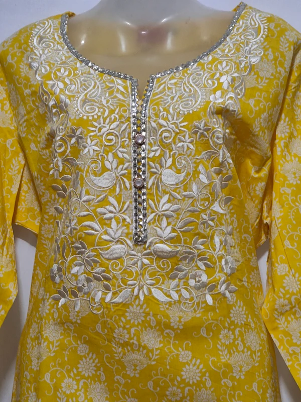 Yellow White Embroidery Around Yoke Kurta - 3XL