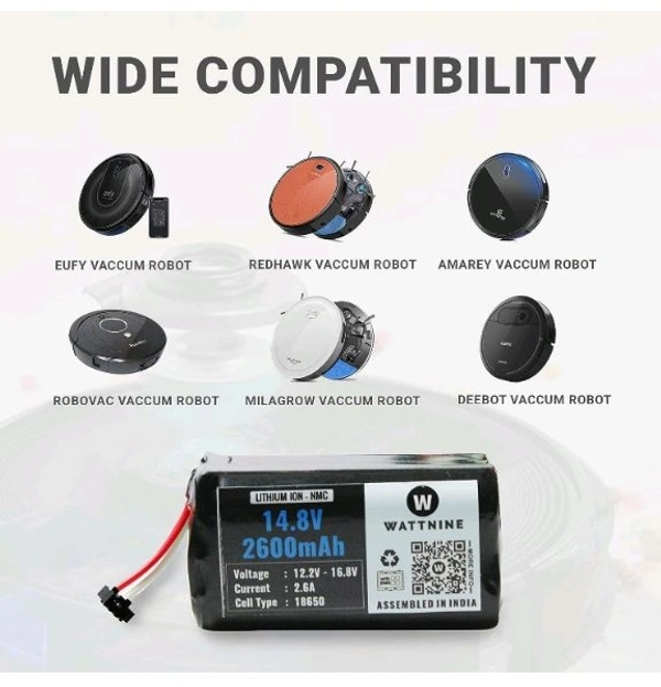 WATTNINE® 14.8V 2600mAh Lithium Rechargeable Battery Pack for Milagrow, Redhawk, Eufy, Robovac, Coredy, Amarey Vacuum Cleaning Robots.