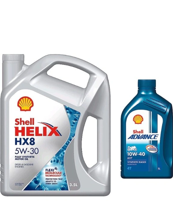 Shell Helix HX8 5W-30 API SN Plus Fully Synthetic Engine Oil for Petrol, Diesel & CNG Cars (3.5 L), medium & Advance AX7 4T 10W-40 API SM Synthetic Technology Motorbike Engine Oil (1L)