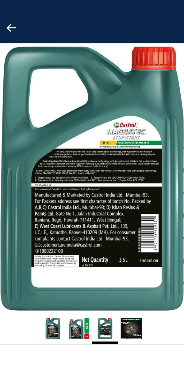 Castrol MAGNATEC STOP-START 5W-30 Full Synthetic Engine Oil for Petrol, Diesel and CNG Cars 3.5L