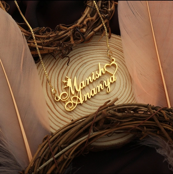 Crown & Heart Style Couple Name Necklace ? Gold