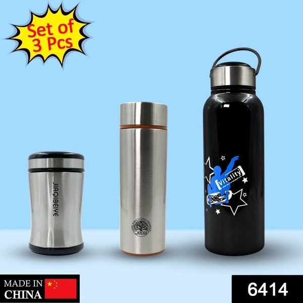 Deo Dap 6414 Double Wall Vacuum Insulated Stainless Steel Hot & Cold Flask Water Bottle - Pack of 3, Size: 250 ml, 350 ml & 450 ml (Multicolor) - 1073