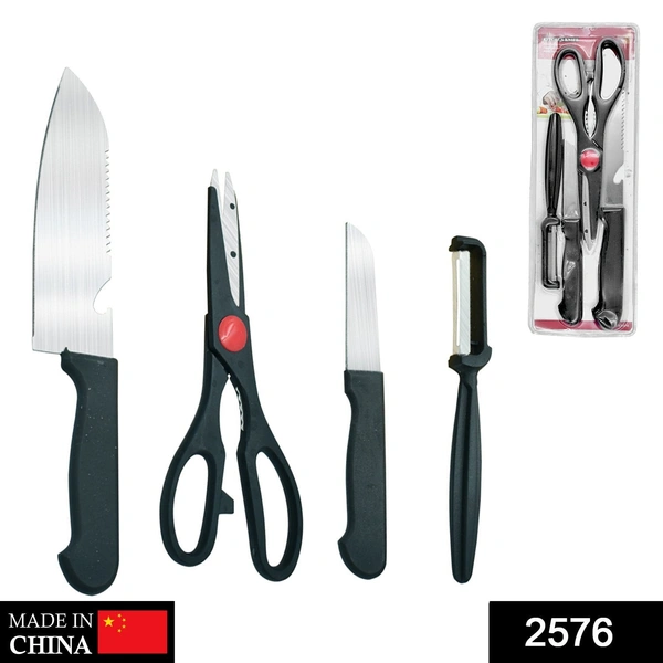 Shubh Luxmi 2576 Stainless Kitchen Tool Set (Butcher Knife, Standard Knife, Peeler and Kitchen Scissor) - 4 Pcs