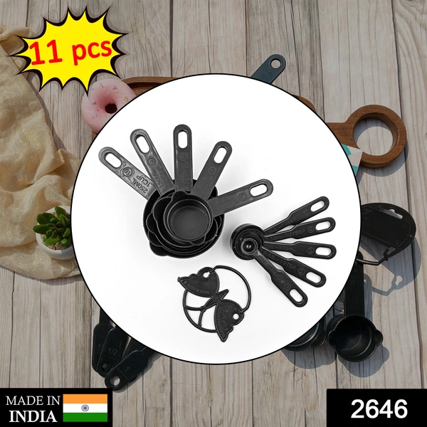 Shubh Luxmi 2646 Plastic Measuring Cups and Spoons (11 Pcs, Black) With butterfly shape Holder - multi coloured, 350