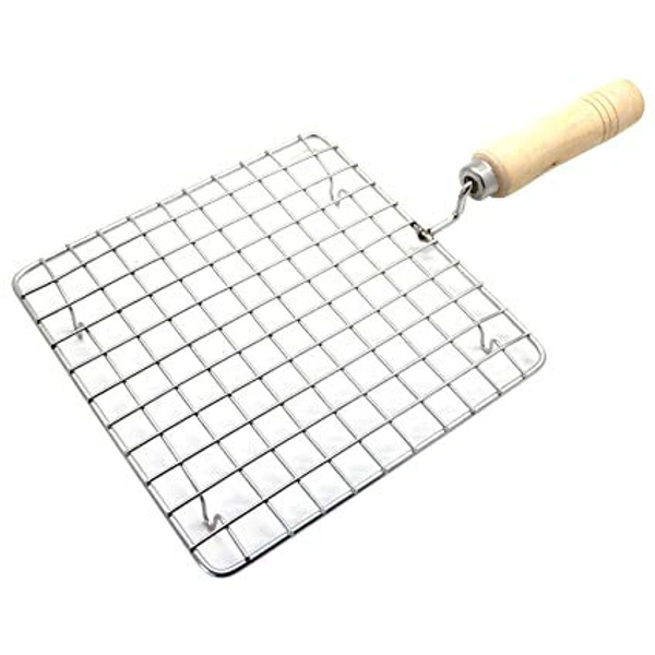 Shubh Luxmi 2086 Kitchen Square Stainless Steel Roaster Papad Jali, Barbecue Grill with Wooden Handle - multi coloured, 651