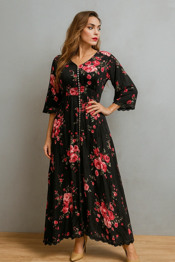 RASPBERRY black floral printed maxi dress - L, Black PRINTED
