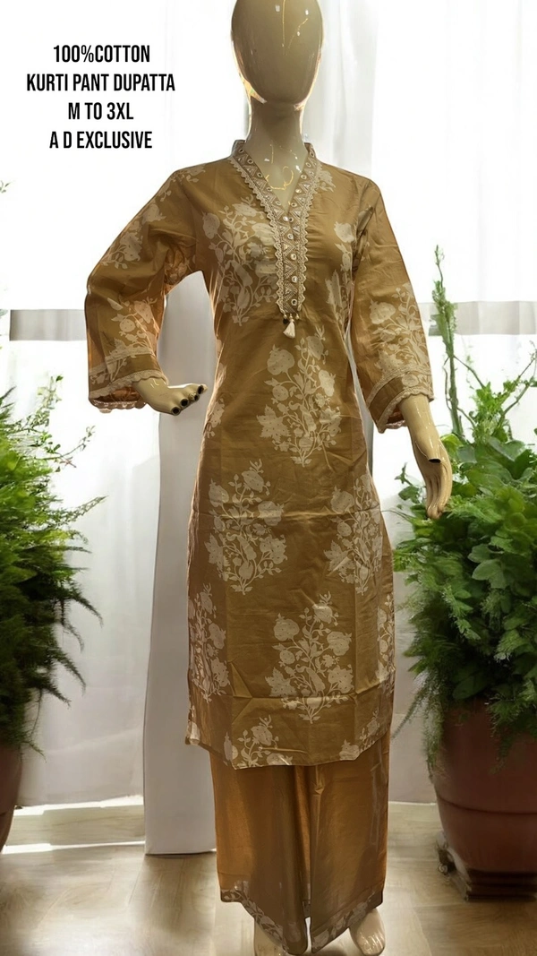 Raspberry Cotton Kurti Set  - M, Pale Oyster
