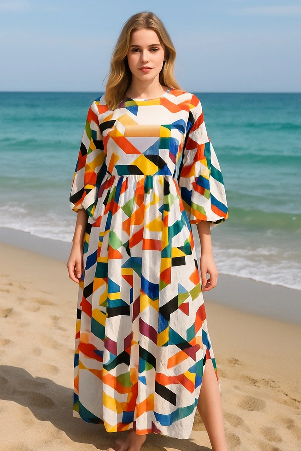  Black Label  Vibrant Multicolor Geometric Print Asymmetrical Maxi Dress for Women - multi printed, Free Size