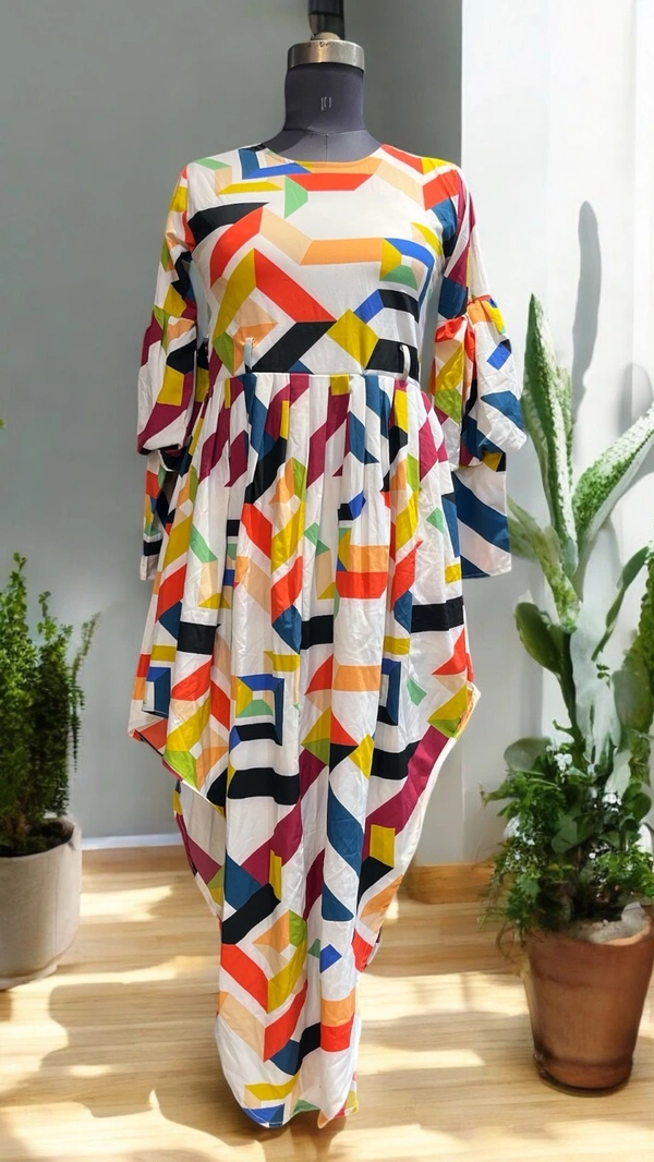  Black Label  Vibrant Multicolor Geometric Print Asymmetrical Maxi Dress for Women - multi printed, Free Size