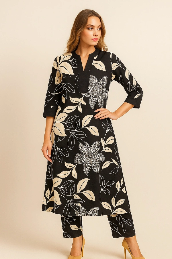 M N  BLACK PRINTED KURTA SET  - Black print, L
