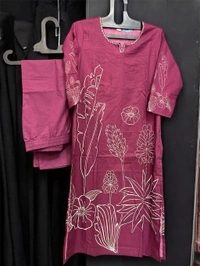Raspberry Elegant Mulmul Cotton Suit Set with Dupatta - wine pink, XXL